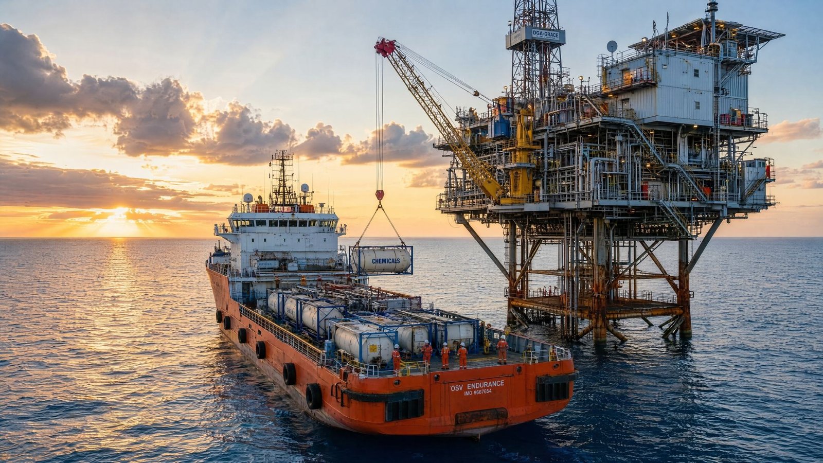 Platform crane discharging chemical cargo from the vessel at dusk