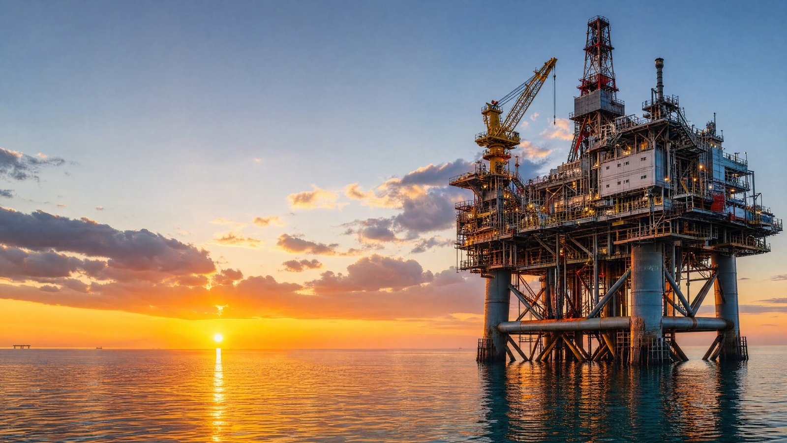 Offshore production platform at sunset
