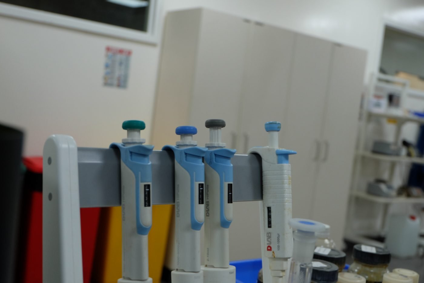 Calibrated micropipettes on the rack