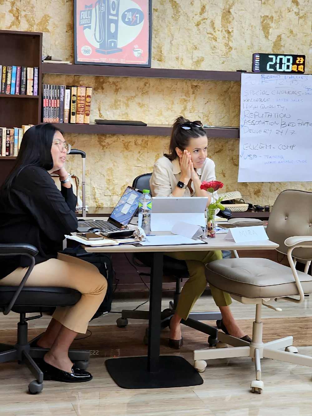 Two colleagues at a workshop table, the brand values written out on the flip chart behind them